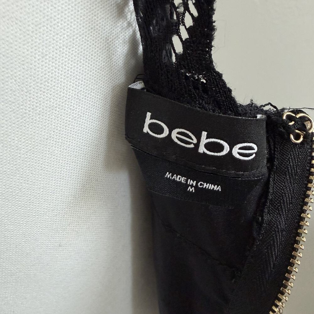 bebe Woman’s Black Lace Mini Bodycon Dress Deep V-neck Size M Sleeveless LBD - Picture 6 of 8